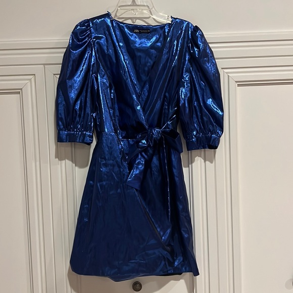Zara Blue Metallic V-Neck Wrap Tie Mini Dress Size Medium - Picture 1 of 6